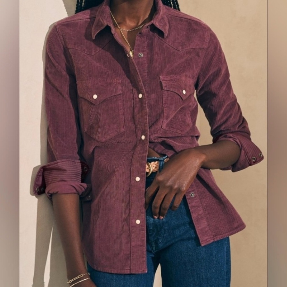 Faherty Long Sleeve Button Pearl Snap Corduroy Burgandy Top ✨NWOT XS/S